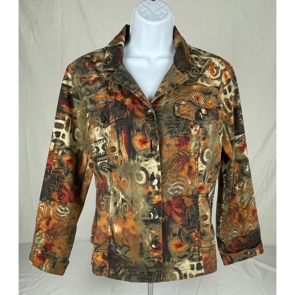 Chico's Additions Size 1 Cotton Multicolor Collage Print Blazer Jacket US M 8/10